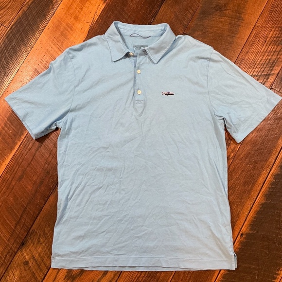 Patagonia Men’s Fitz Roy Trout Organic Cotton Polo Shirt – Bay Blue – Size Small - Picture 2 of 8